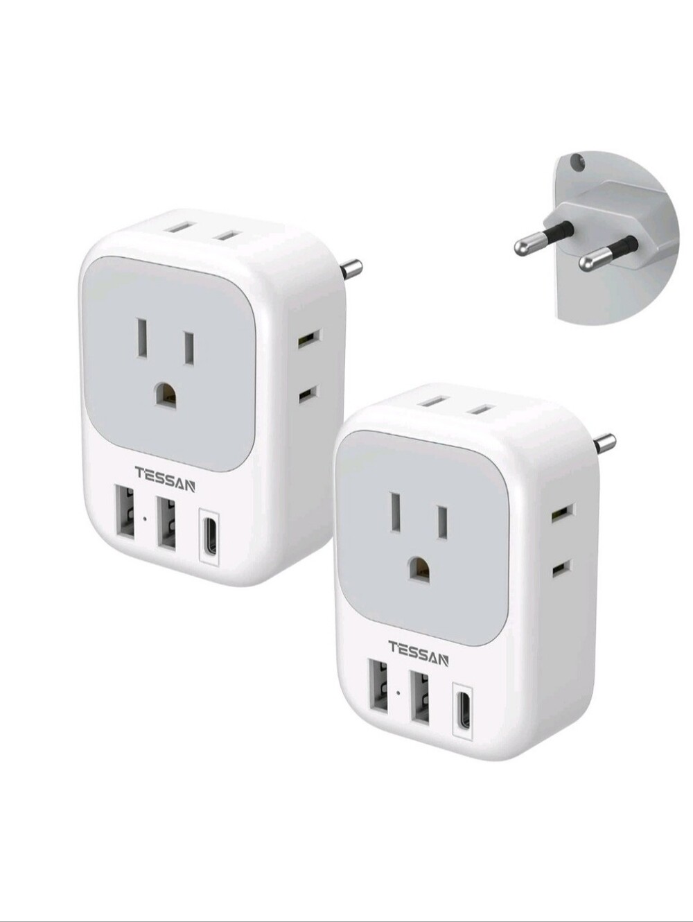 2 Pack - TESSAN US to Europe Plug Adapter 4 Outlets 3 USB Charger (1 USB C Port)
